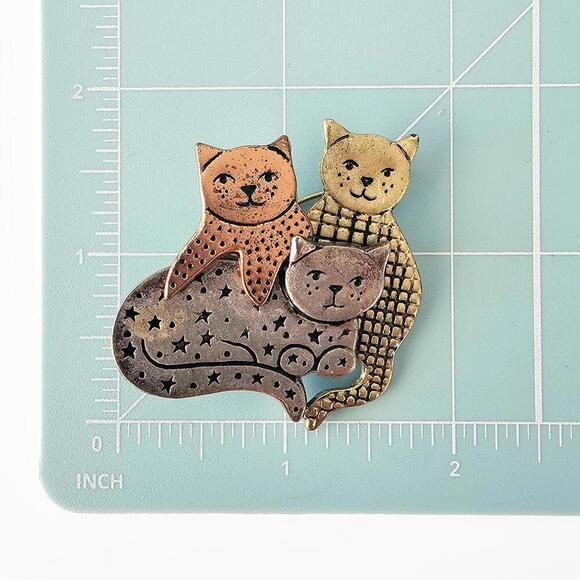 Vintage Cat Trio Metal Brooch Pin - Picture 3 of 3